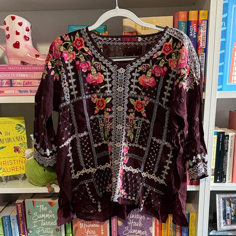 Johnny Was Burgundy Blouse with Floral Embroidery
